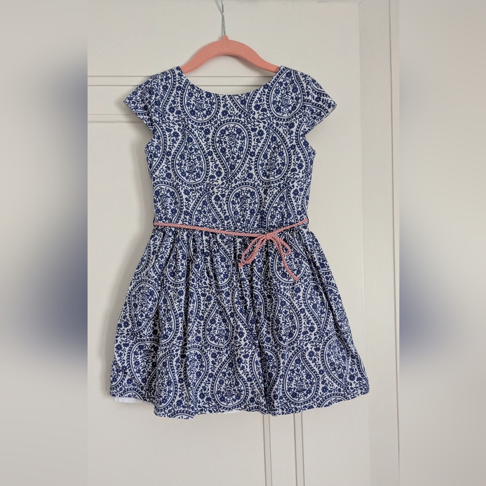 Carter's Blue and White Paisley Dress with Pink Belt